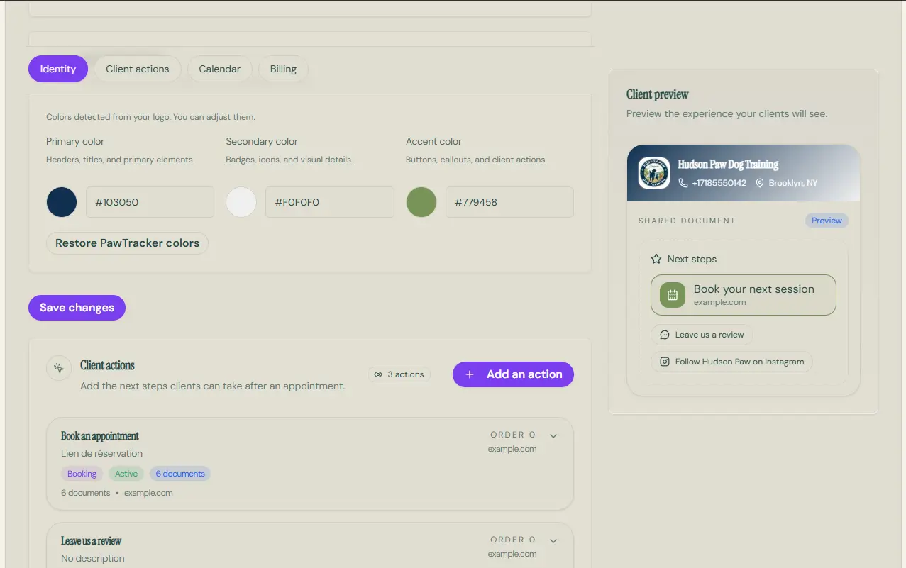 Client actions in a PawTracker dog training report including booking, questionnaire, review, website, and social media links