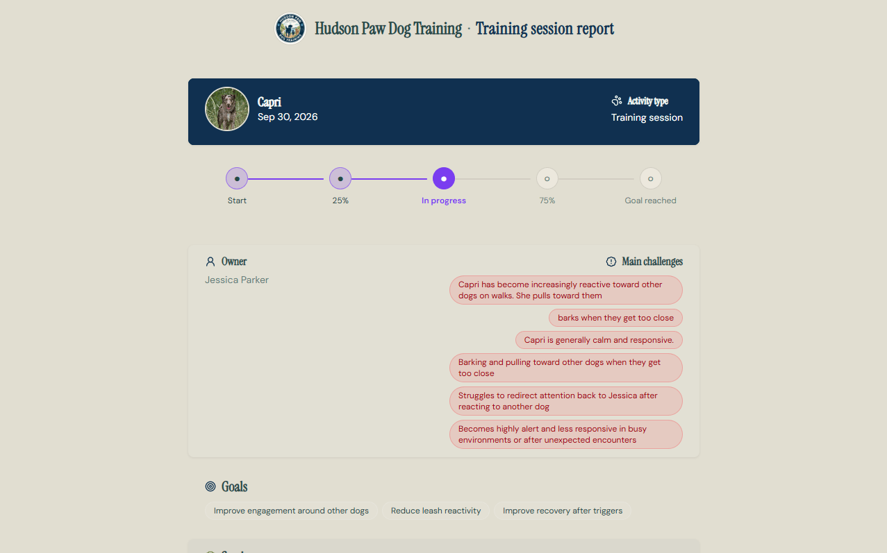 Dog training session report created in PawTracker and shared with a client