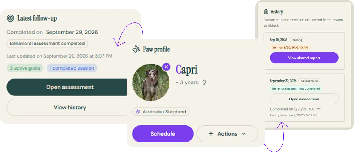 PawTracker dog profile showing owner details, behavioral assessment, training goals, sessions, reports, appointments, and training history