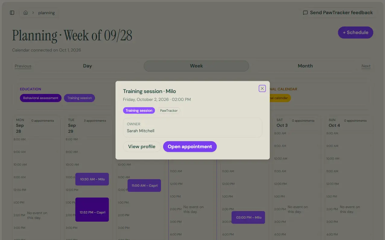 Dog training appointment in PawTracker with direct access to the dog's assessment or training session