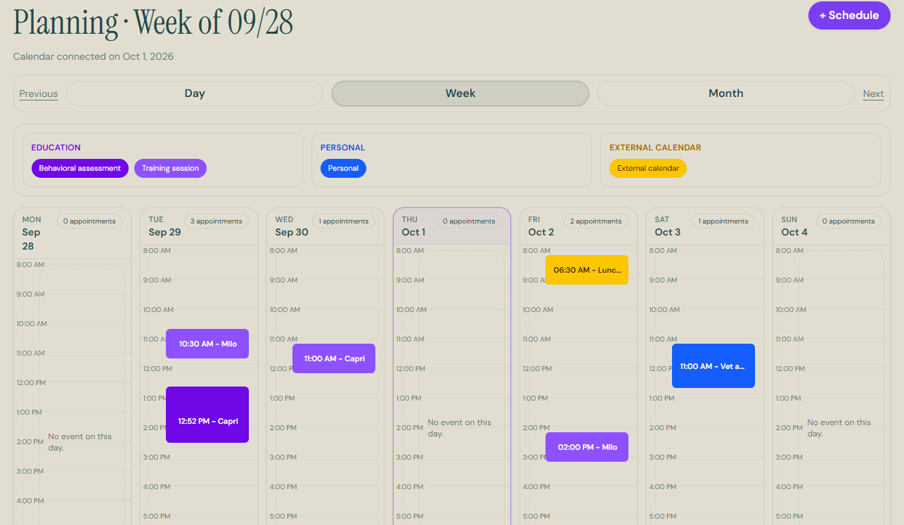 PawTracker weekly planner showing dog training appointments connected to each dog's profile