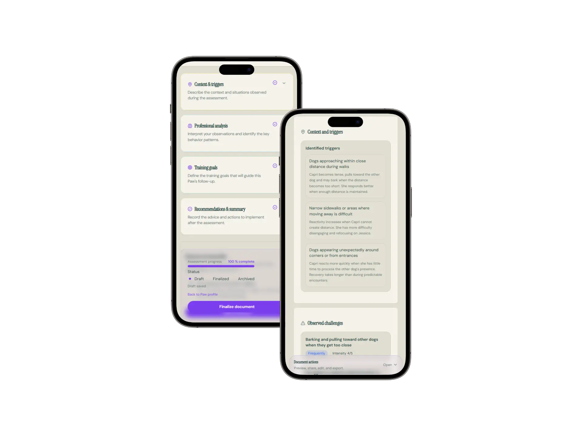 Behavioral assessment in PawTracker with observed challenges, professional analysis, and training goals
