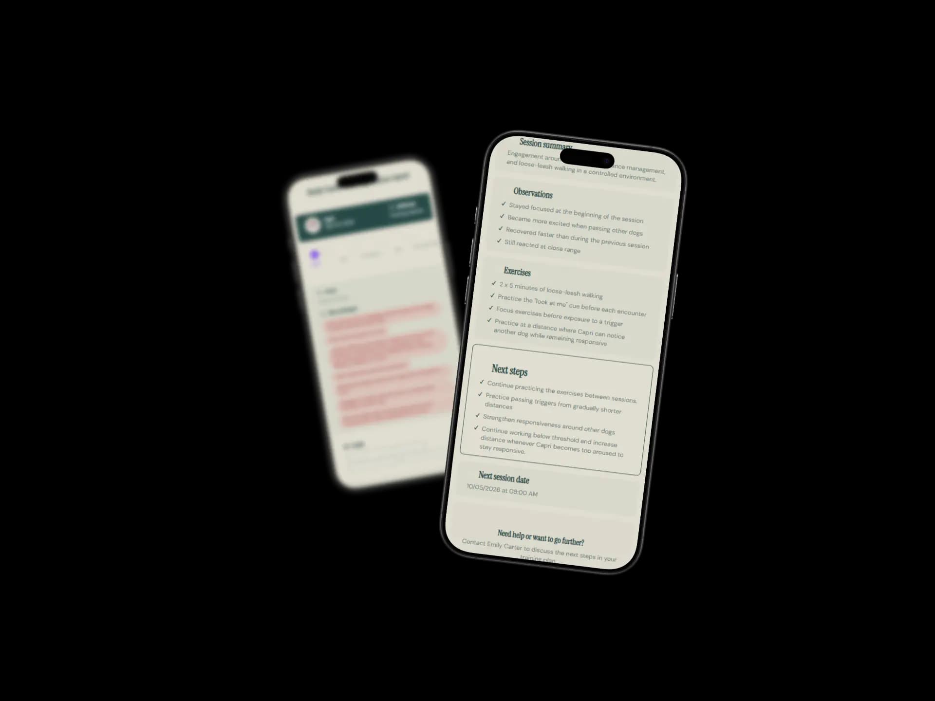 Professional dog training session report generated in PawTracker and ready to share with the client