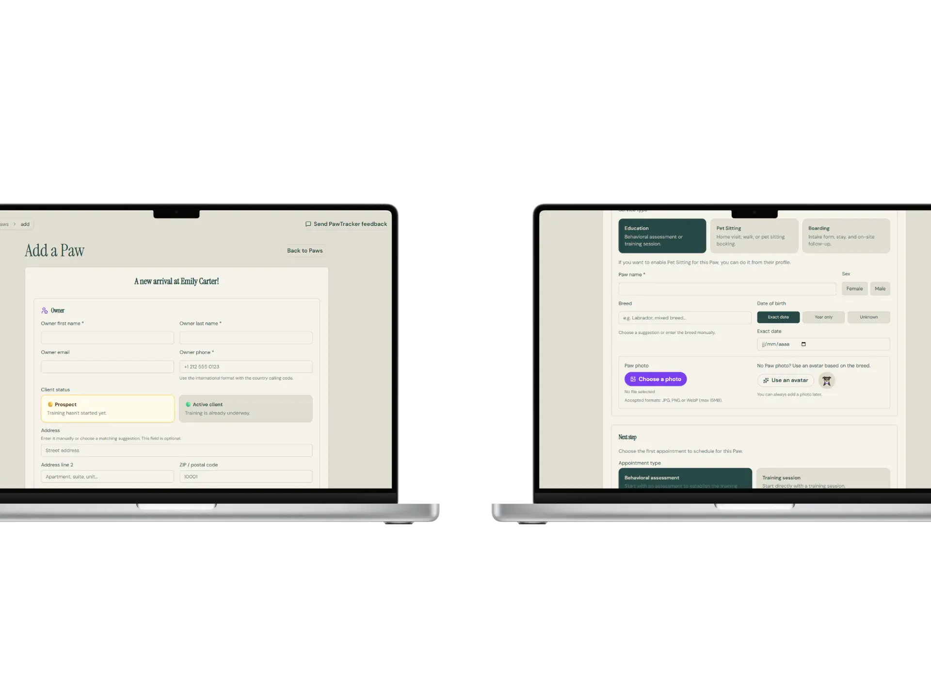 Dog profile in PawTracker with owner details, appointments, and training history