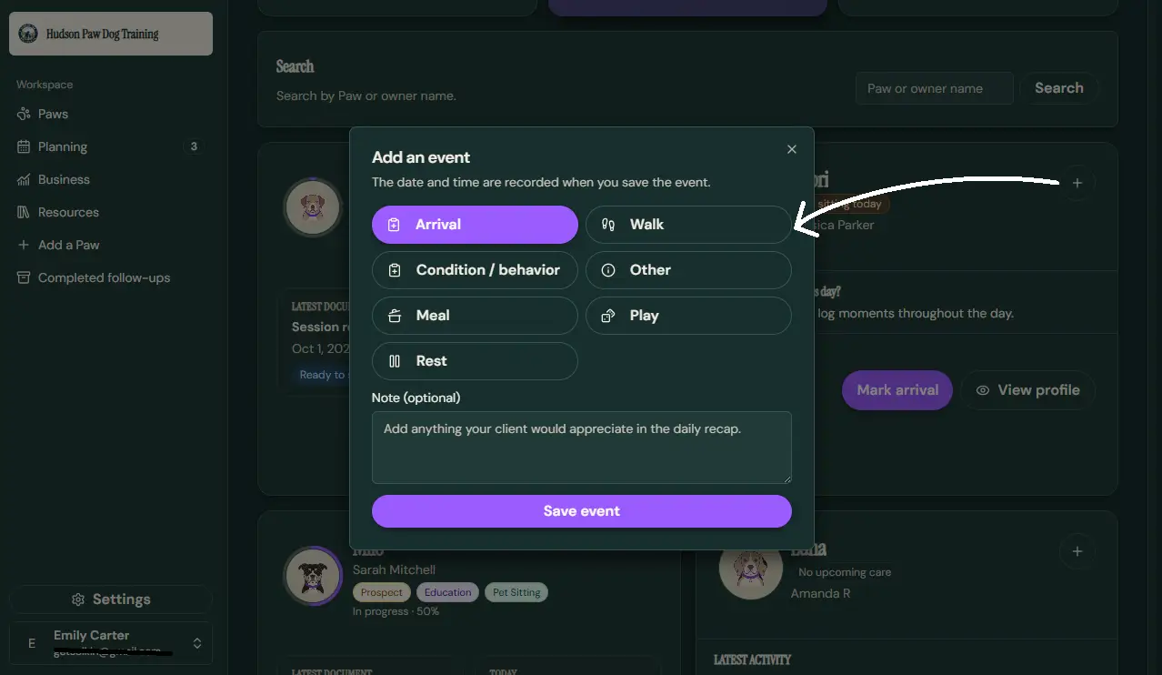 Pet Sitting care view for the same Paw in PawTracker