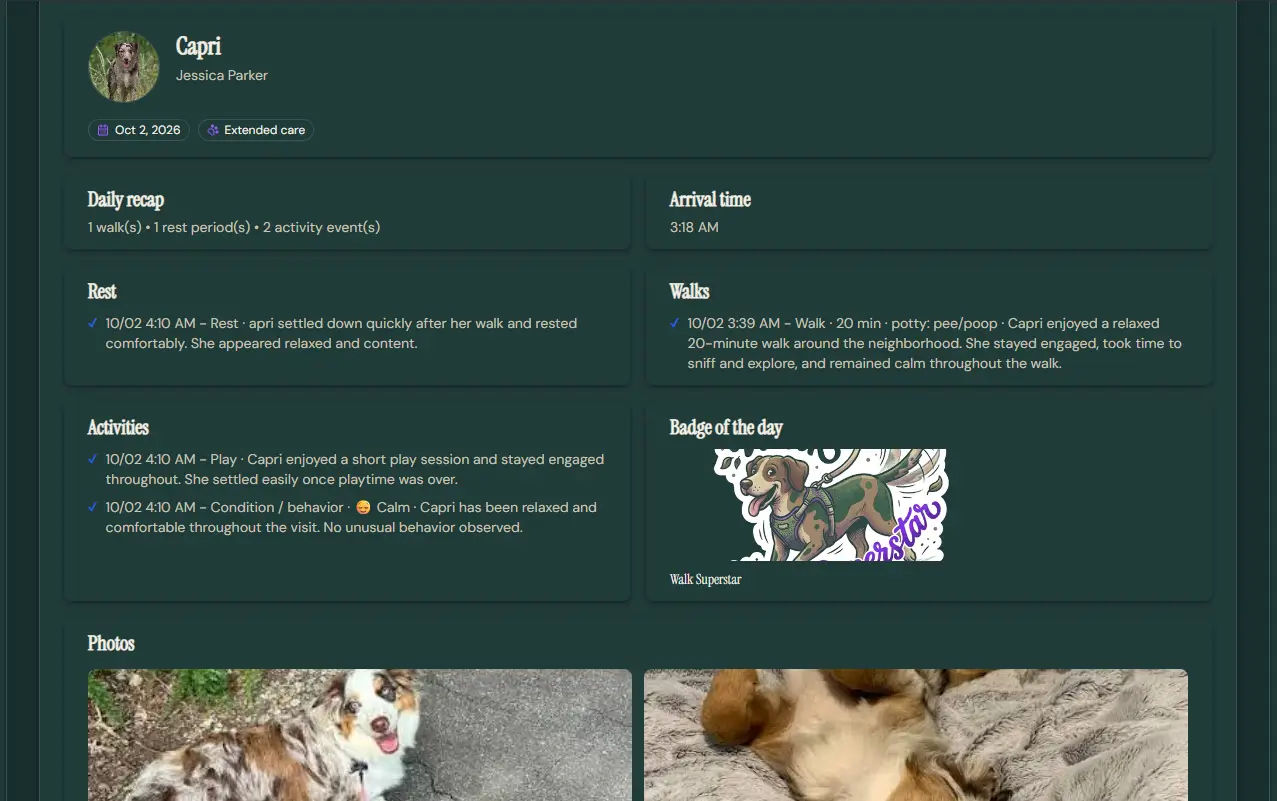 Hudson Paw Pet Sitting client recap for Capri with care events, photos and Walk Superstar badge