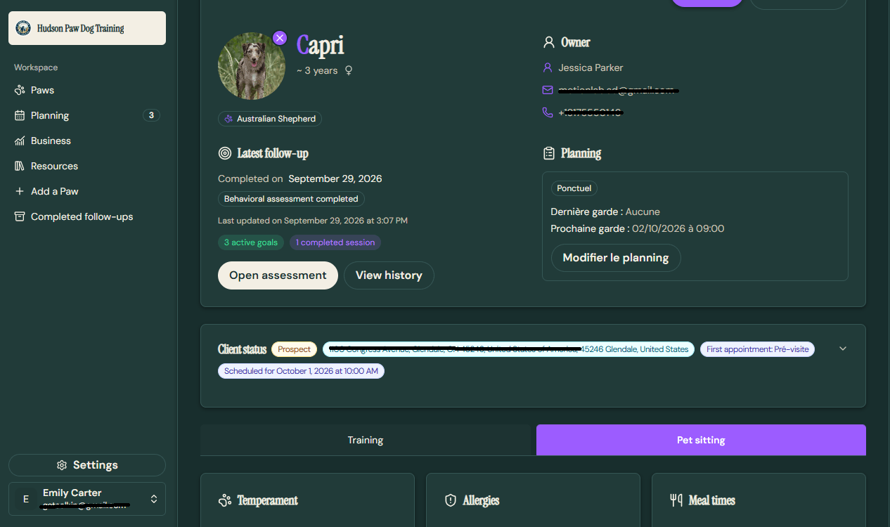 Capri's PawTracker profile with Dog Training and Pet Sitting on the same Paw