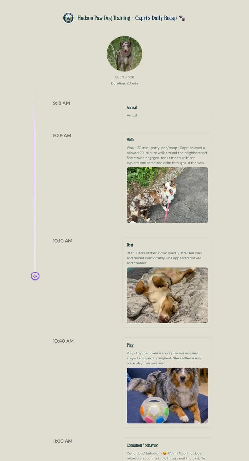 Capri's Daily Pet Sitting Recap shared with a client